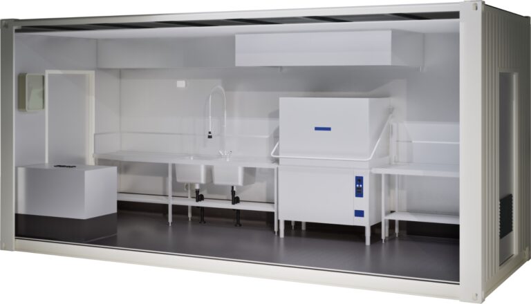 Commercial portable kitchen for hire, featuring a clean and functional setup with stainless steel counters, sink, and appliances, designed for flexible use